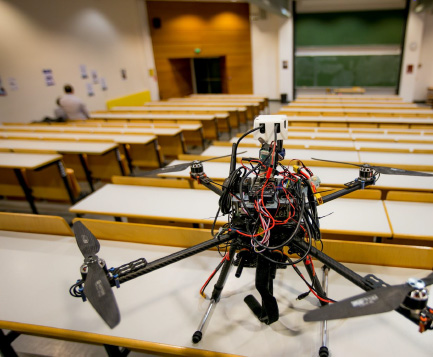 Jarriquez Drone with 3D printed part to mount a LIDAR sensor in a classroom